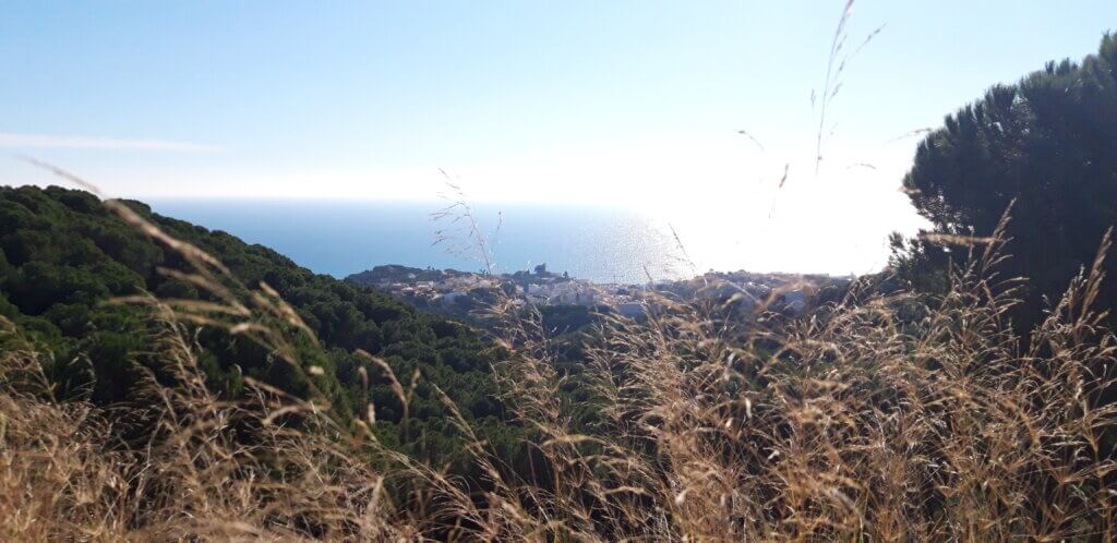 Ausblick von den katalonischen Bergen auf das Meer bei strahlender Sonne
